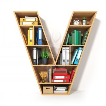 Letter V. Alphabet in the form of shelves with file folder, binders and books isolated on white. Archival, stacks of documents at the office or library. 3d illustration
