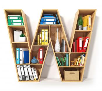 Letter W. Alphabet in the form of shelves with file folder, binders and books isolated on white. Archival, stacks of documents at the office or library. 3d illustration