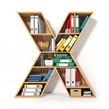 Letter X. Alphabet in the form of shelves with file folder, binders and books isolated on white. Archival, stacks of documents at the office or library. 3d illustration