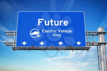 Our future with wlectric vehicle only green traffic road sign with symbol of electric car on sky background. Ecology and environmental concept background. 3d illustration