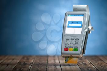 Payment POS teminal with receipt and credit card on blue background. 3d illustration