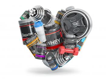 Bodybuilding and fitness. Sports  nutrition supplements (whey protein, bcaa, creatine), dumbells and barbell in form of heart isolated on white background. 3d illustration