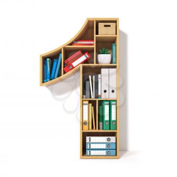 Number 1. Alphabet in the form of shelves with file folder, binders and books isolated on white. Archival, stacks of documents at the office or library. 3d illustration