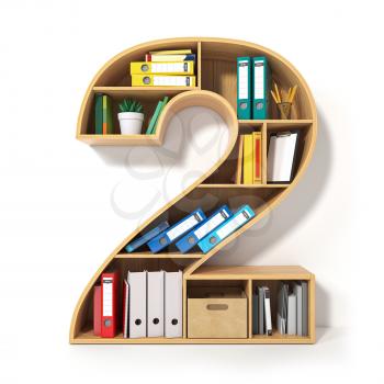Number 2. Alphabet in the form of shelves with file folder, binders and books isolated on white. Archival, stacks of documents at the office or library. 3d illustration