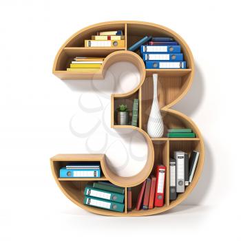 Number 3. Alphabet in the form of shelves with file folder, binders and books isolated on white. Archival, stacks of documents at the office or library. 3d illustration