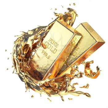 Golden ingot bars with splash of gold isolated on white background. 3d illustration