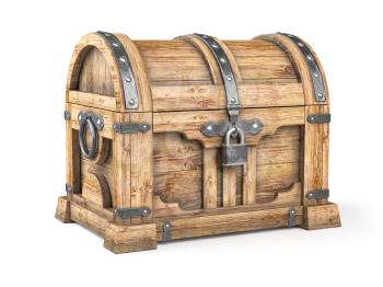 Old wooden chest box with treasure isolated on white background. 3d illustration