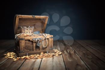 Open treasure chest filled with golden coins, gold  and jewelry. 3d illustration