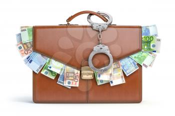 Briefcase full of euro isolated on white background. Bribery, corruption, stock exchange portfolio financial concept. 3d illustration