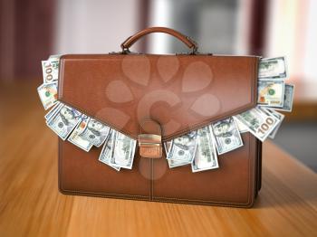 Briefcase full of dollars isolated on the table. Bribery, corruption, stock exchange portfolio financial concept. 3d illustration