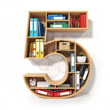 Number 5. Alphabet in the form of shelves with file folder, binders and books isolated on white. Archival, stacks of documents at the office or library. 3d illustration