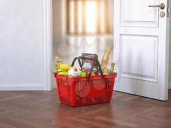 Food and eats delivery concept. Shopping basket with grocery in front of open door. 3d illustration