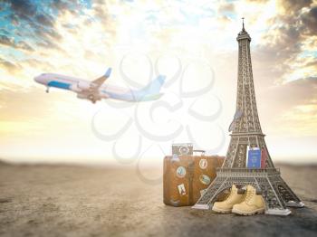 Flight to Paris, France.Vintage suiitcase with symbols of France Eiffel tower. Travel and tourism concept. 3d illustration