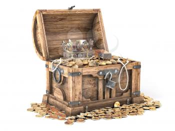 Open treasure chest filled with golden coins, gold  and jewelry isolated on white background. 3d illustration