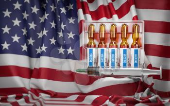 Vaccination in USA concept. Syrringe and vials with vaccine on USA  flag. 3d illustration