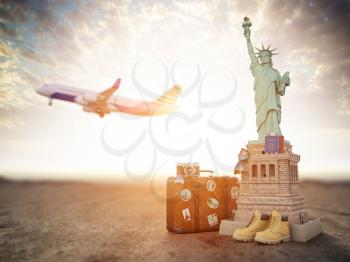 Flight to New York, USA.Vintage suiitcase with symbols of United States Statue of Liberty Travel and tourism concept. 3d illustration