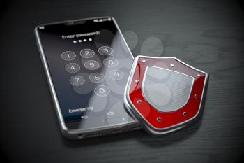 Smartphone data security and protection concept. Mobile phone with shield and password on the screen. 3d illustration