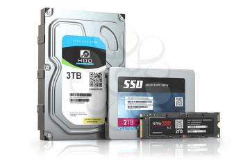Hard disk drive hdd, solid state drive ssd and ssd m2 isolated on white.  Set of different data storage devices. 3d illustration