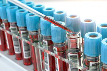 Blood test samples tubes and blood test pipette adding fluid to one of tubes in medical laboratory. 3d illustration