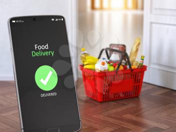 Food and eats delivery concept. Mobile phone and shopping basket with grocery in front of open door. 3d illustration