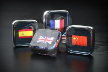 Foreign languages  learning or translation concept. Icon boxes with flags. Learning English, Spanish Chinese and French. 3d illustration
