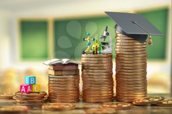 Education costs depending on level of school and university. Scholarship, education loan, investment in knowledge concept, Graduiation cap on coins. 3d illustration