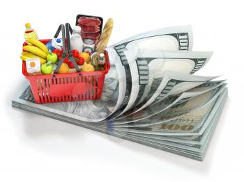 Shopping basket full of foods on pack of dollars. Consumer basket value or consumerism concept background. 3d illustration