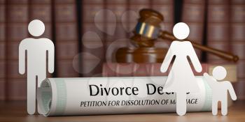 Divorce and custody child concept. Divorce decree, gavel and family silhouette on book background. 3d illustration