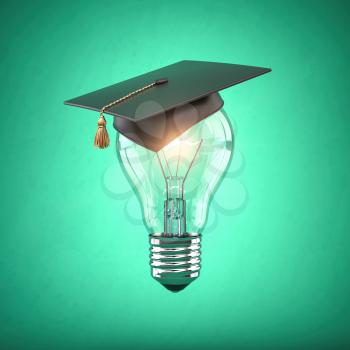 Eduction and gradfuation concept. Light bulb with graduation hat on green  background. 3d illustration