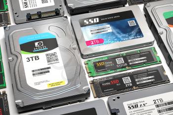 Background from different data storage devices. Hdd, ssd and ssd m2 iin a row. 3d illustration