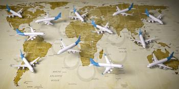 Airplanes on world  map. Airline flight routes and airport travel and tourism background. 3d illustration