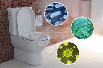 Toilet bowl with different types of bacteria, microbe  and virus. Toilet hygiene infografic concept. 3d illustration