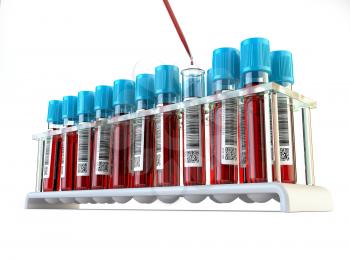 Blood test samples tubes and blood test pipette adding fluid to one of tubes iisolated on white. 3d illustration
