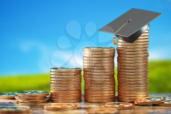 Education price and costs growth. Savings for education. Graduation cap on stacks of golden coin. 3d illustration