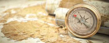 Compass on vintage old map.  Travel geography navigation and adventure concept background. 3d illustration