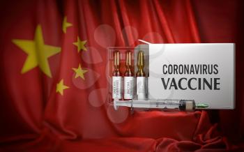 Coronavirus vaccine on flag of China. Box with vials and syringe. 3d illustration
