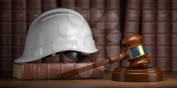 Labor law concept. Gavel  with concstruction hard hat and books. 3d illustration