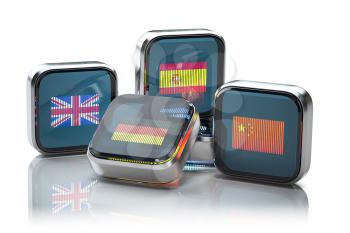 Foreign languages  learning or translation concept. Icon boxes with flags isolated on white. Learning English, Spanish Chinese and German. 3d illustration