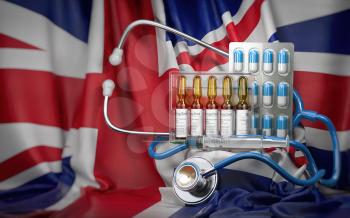 Healthcare, insurance and pharmacy in USA concept. Pills, vaccine, syrringe and stethoscope in US flag. 3d illustration