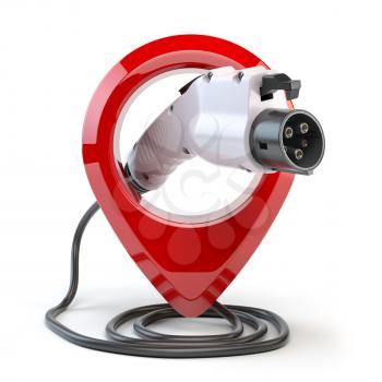 Electric car charging point location. Car charger power plug with pin isolated on white. 3d illustration