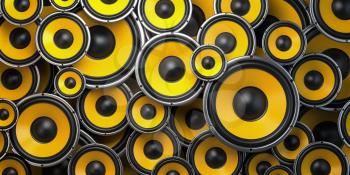 Acoustic sound speakers background. Yellow subwoofers of different size. Multimedia, audio and sound concept. 3d illustration