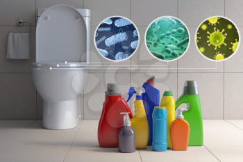 Toilet bowl with different types of bacteria, microbe  and virus and detergent bottles. Toilet hygiene infografic concept. 3d illustration