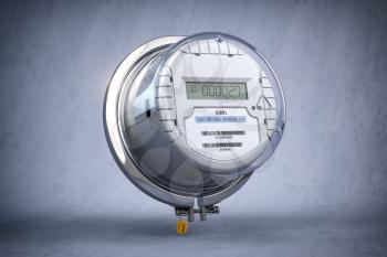 Digital electric meter with lcd screen  on grey dirty background. Electricity consumption concept. 3d illustration