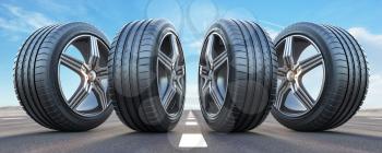 Four car wheel oln the highway with sky background.  Change a tires. 3d illustration