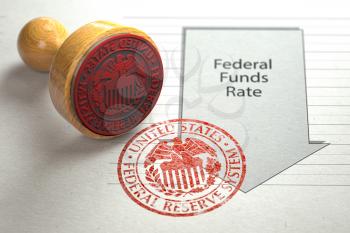 Federal funds rate decrease. Arrow with cut of federal fund rate and stamp of federal reserve FRS symbol. 3d illustration