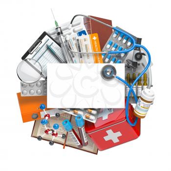 Health care, pharmacy and medicine concept. Space foir text or busiiness card with medical supplies and equipment, pills, drugs and first aid kit. 3d illustration