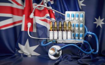 Healthcare, insurance and pharmacy in Australia concept. Pills, vaccine, syrringe and stethoscope in australian flag. 3d illustration