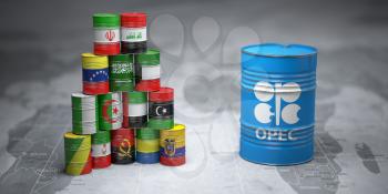 OPEC. Oil barrels in color of flags of countries memebers of OPEC on world political map background. 3d illustration