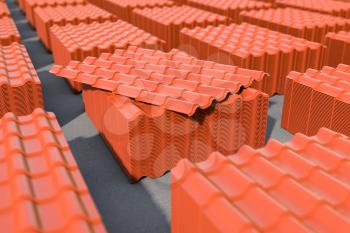 Stacks of red metal tile sheets in the warehouse for roof construction. 3d illustration