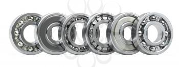 Bearings of different types in a row isolated on white background. 3d illustration
